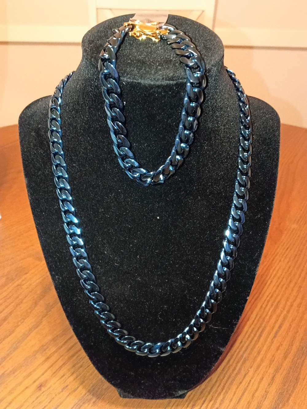 Blue Metallic Cuban Link Necklace and Bracelet Set